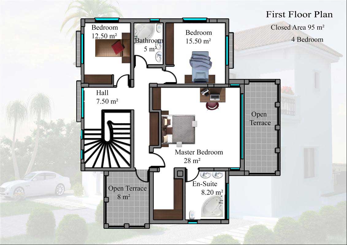 Planritning - 4 sovrums villa / första våning